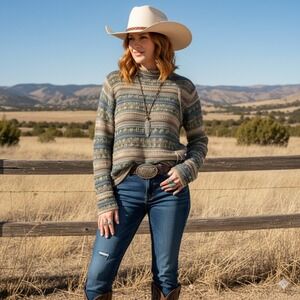 SPANNER Womens Knit Mock Neck Sweater Sz M Multi Striped Western Cowgirl Tassel‎